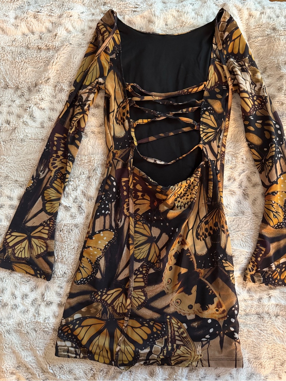 Motel Rocks Butterfly Print Long-Sleeve Mini Dress - Yellow/Black - Picture 2 of 5